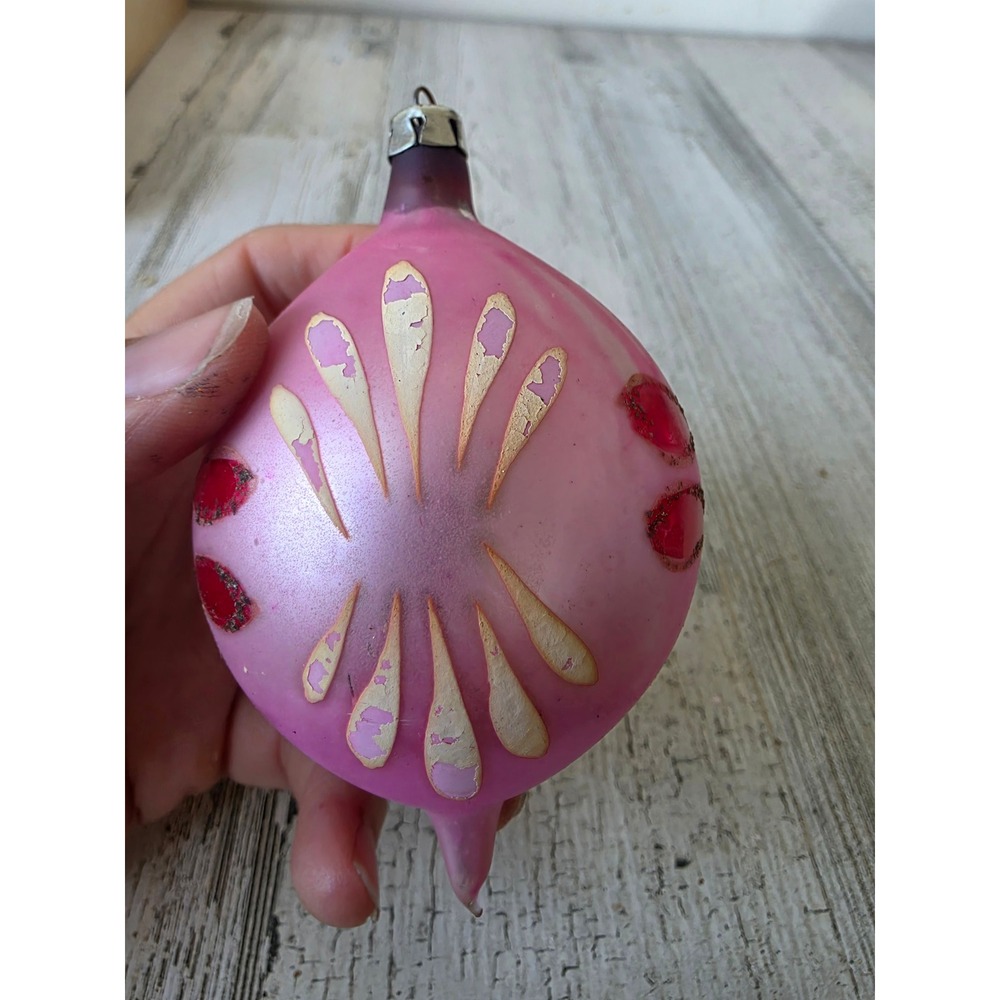 Vintage Poland pink teardrop flower glass ornament Xmas tree